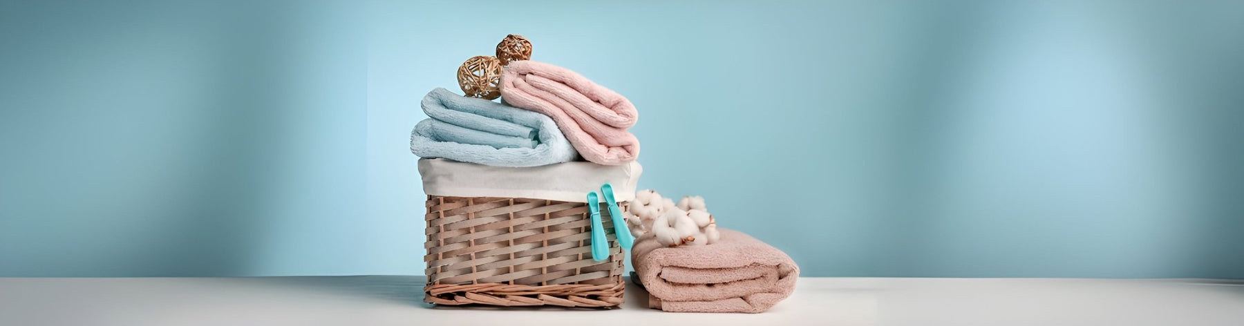 Fluffy blue and pink towels in a wicker basket with cotton sprigs on a pale blue background, styled to evoke clean-linen freshness.