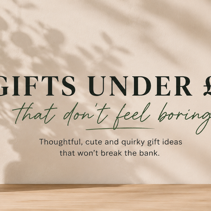 Minimalist Gifts Under £15 blog hero with neutral styling and balanced text placement