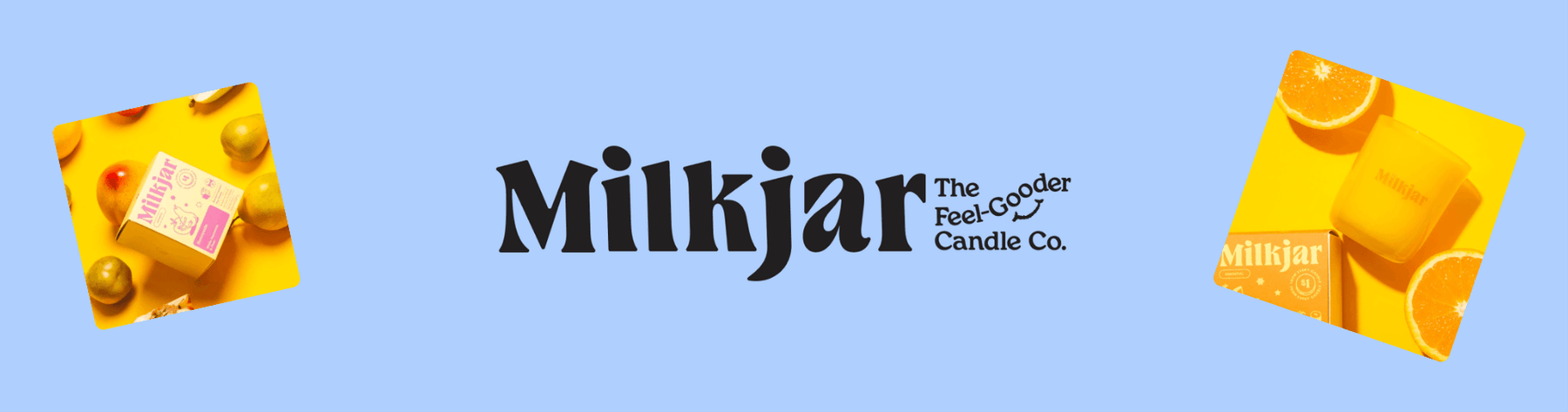 Milk Jar Candle Co banner with citrus candle imagery and Milk Jar logo on a soft blue background