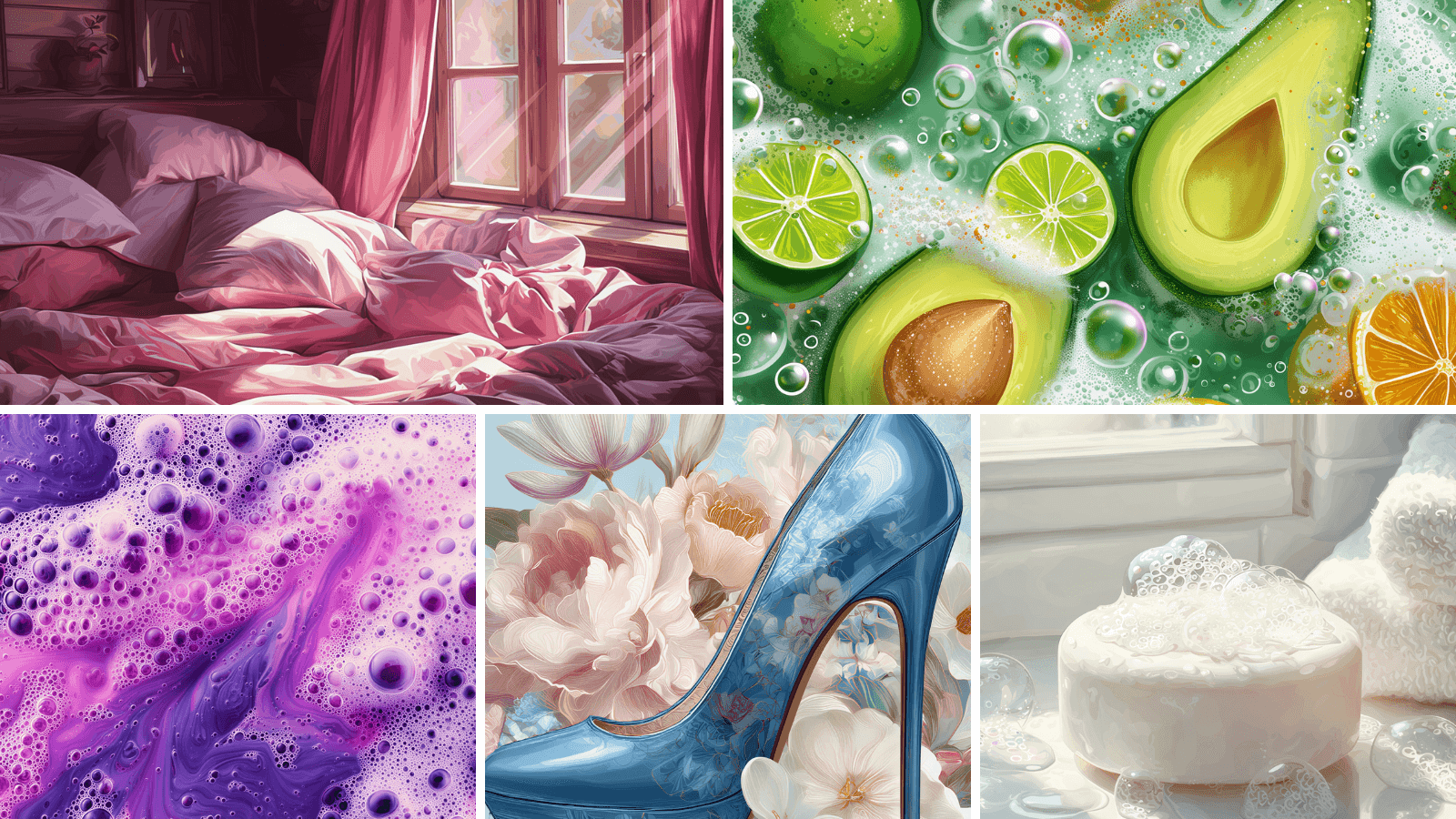 Hero collage of new segment wax melts showing cosy bedding, avocado citrus fizz, ultra violet purple bubbles, a floral blue high heel, and clean white soap foam