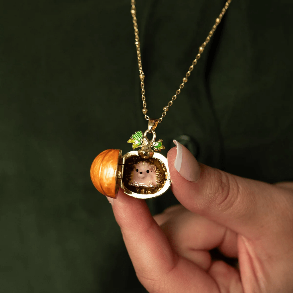 Bill Skinner Hedgehog & Pumpkin Locket Necklace open with hidden hedgehog