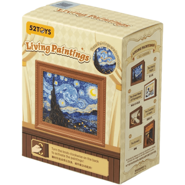 52TOYS QueSera Series Living Paintings blind box packaging featuring The Starry Night artwork