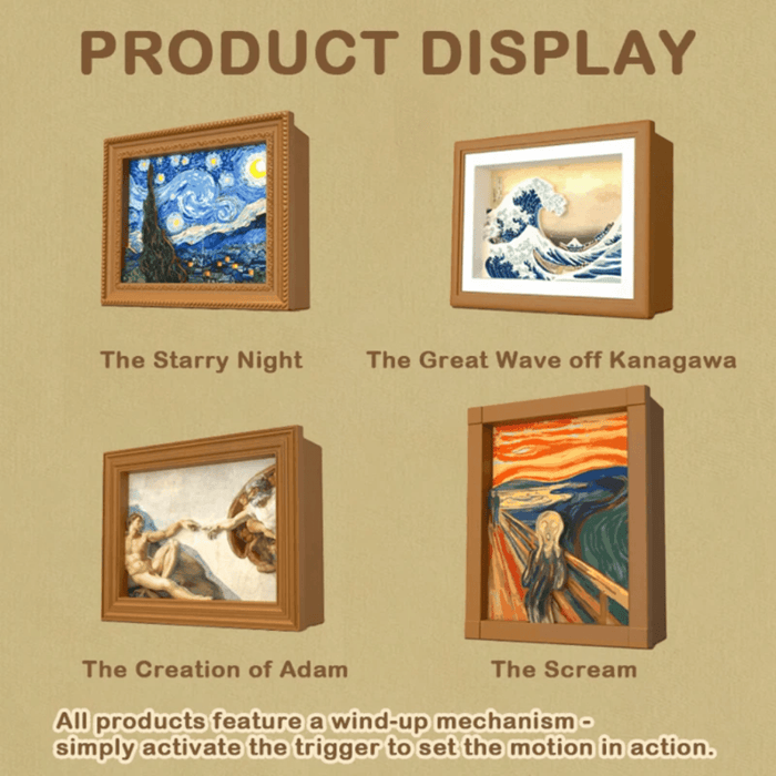 52TOYS Living Paintings product display guide showing all four collectible artwork designs