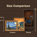 52TOYS Living Paintings size comparison guide showing miniature framed artworks beside an iPhone