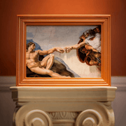52TOYS Living Paintings blind box miniature display inspired by The Creation of Adam in a framed display