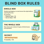 52TOYS PooPoo Pups blind box rules showing regular figure and secret Self-Cleaning Puppy odds