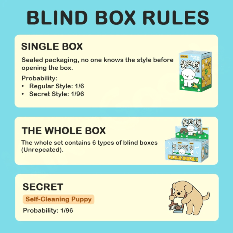 52TOYS PooPoo Pups blind box rules showing regular figure and secret Self-Cleaning Puppy odds