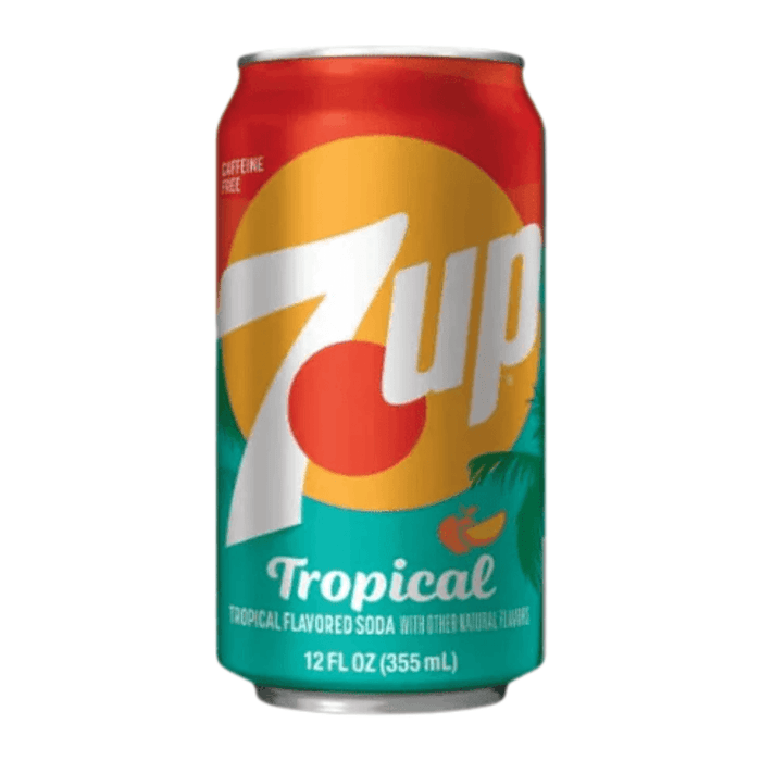 7UP Tropical American soda drink 355ml can with fruity tropical flavour