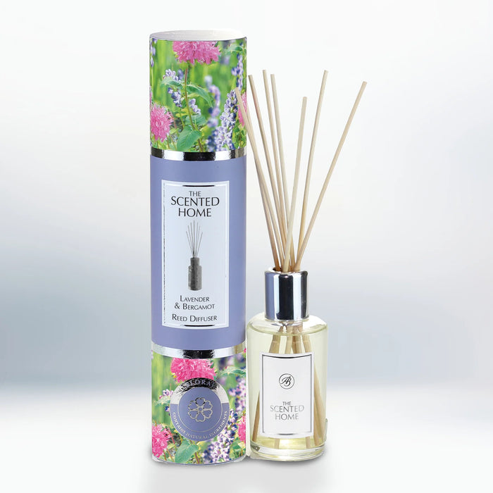 The Scented Home Lavender & Bergamot reed diffuser with floral tube packaging by Ashleigh & Burwood