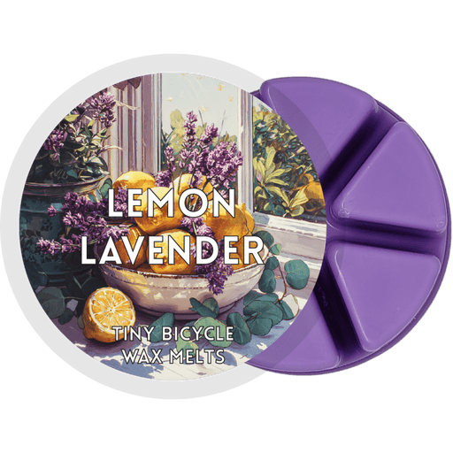 Lemon Lavender wax melt pot with six purple segments and lemon-and-lavender label