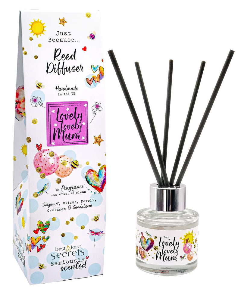 Lovely Lovely Mum reed diffuser by Best Kept Secrets with bright packaging and a crisp, clean fragrance blend