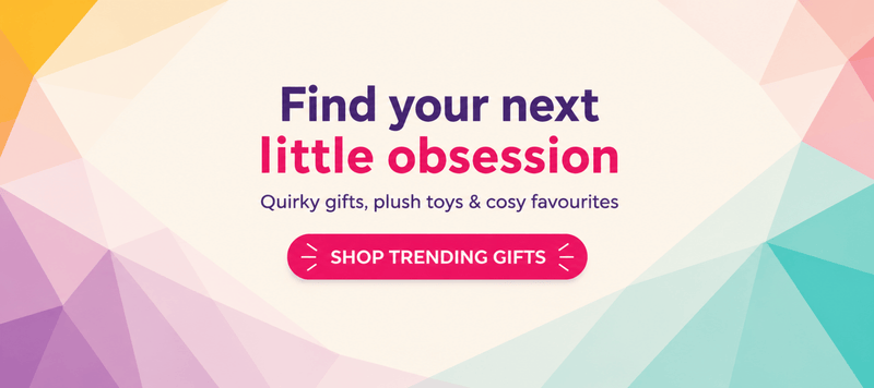 Promotional banner with geometric design and text about quirky gifts and plush toys.