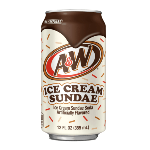 A&W Ice Cream Sundae American soda drink 355ml can with sweet vanilla and fudge flavour