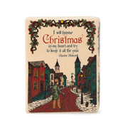 Reverse of A Christmas Carol book candle with Dickens Christmas quotation and colourful Victorian street artwork
