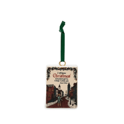 Reverse of A Christmas Carol book ornament with Charles Dickens Christmas quotation and Victorian street illustration