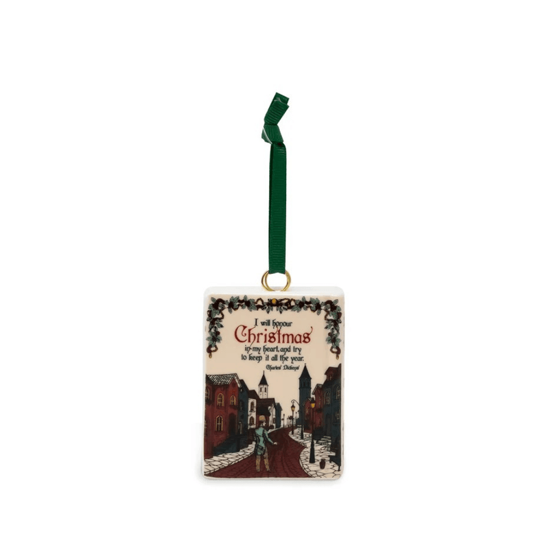 Reverse of A Christmas Carol book ornament with Charles Dickens Christmas quotation and Victorian street illustration