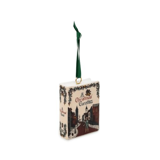 Angled view of A Christmas Carol ceramic Christmas decoration showing the Victorian street scene and illustrated spine