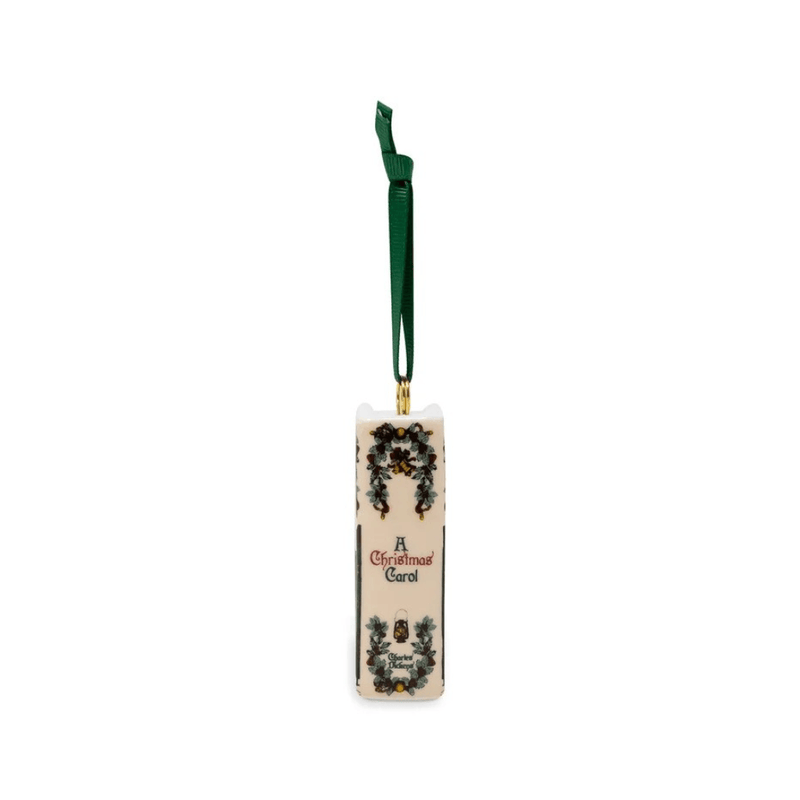 Spine of A Christmas Carol ceramic book ornament with Dickens lettering, festive greenery and green hanging ribbon