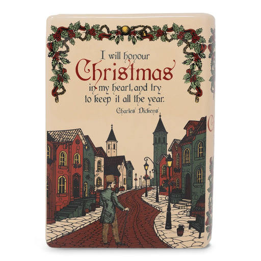Back of A Christmas Carol ceramic book vase with Dickens quote and Victorian street artwork