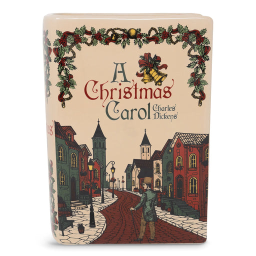 A Christmas Carol ceramic book vase showing Victorian street scene and holly garland cover