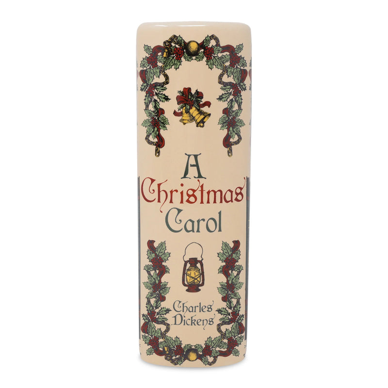 Spine of ceramic A Christmas Carol book vase with holly garlands and lantern motif