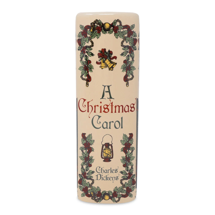 Spine of ceramic A Christmas Carol book vase with holly garlands and lantern motif