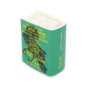 Rear angled view of green ACOTAR book candle showing the printed quote and white candle wax