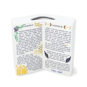 A Court of Thorns and Roses ceramic book vase with open printed pages and gold details