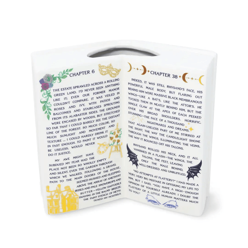 A Court of Thorns and Roses ceramic book vase with open printed pages and gold details