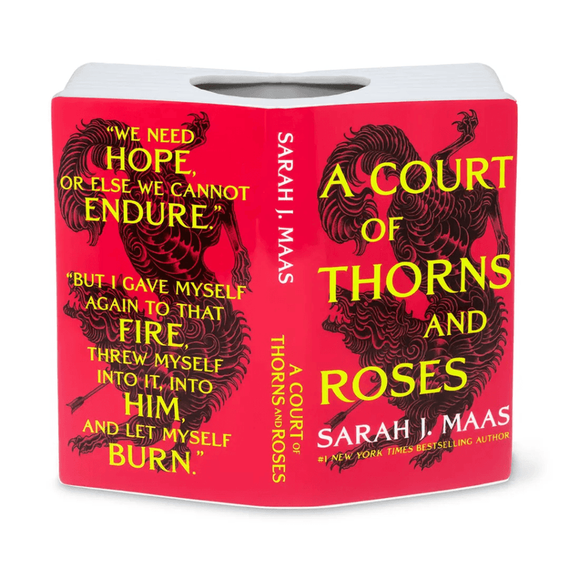 A Court of Thorns and Roses open book vase with red Sarah J Maas cover design