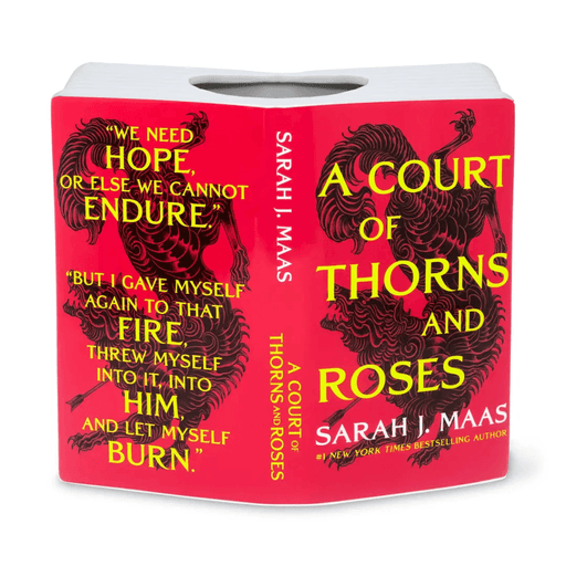 A Court of Thorns and Roses open book vase with red Sarah J Maas cover design