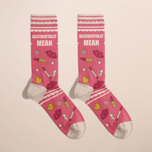 Pair of pink Accidentally Mean women’s crew novelty socks with lips, lipstick and heart icons