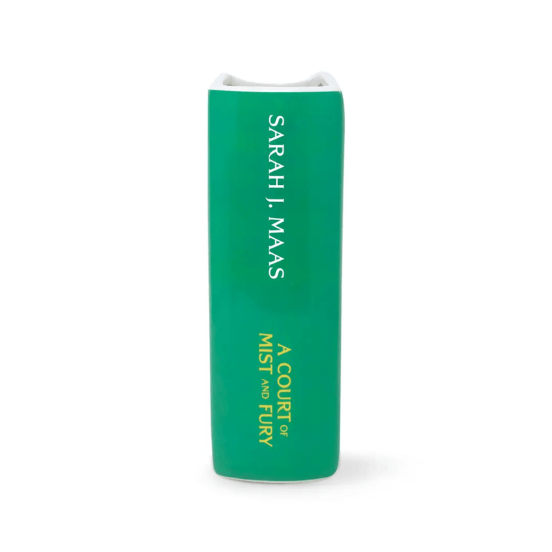 Side view of A Court of Mist and Fury large book vase showing Sarah J Maas spine design