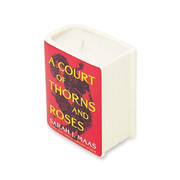A Court of Thorns and Roses ceramic book candle with red cover, white wax and single wick