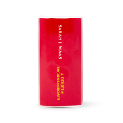 Spine of red ceramic ACOTAR book candle showing Sarah J. Maas author name and book title