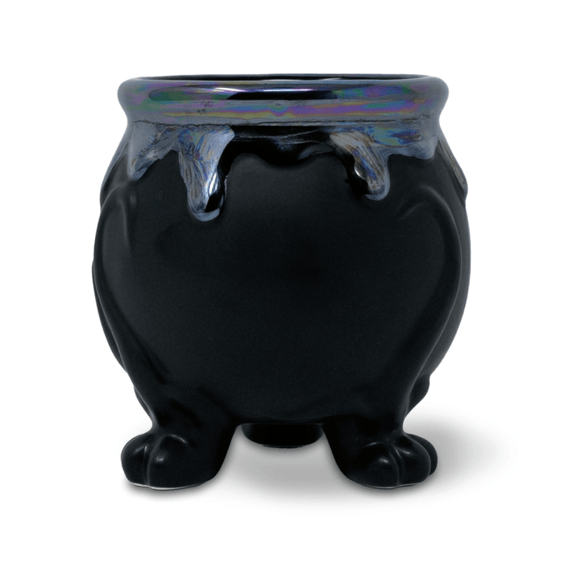 Rear view of black ceramic ACOTAR Cauldron vase with sculpted feet