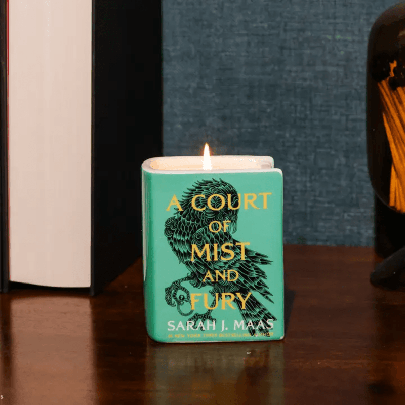 Lit A Court of Mist and Fury ceramic book candle displayed beside books in a cosy reading space