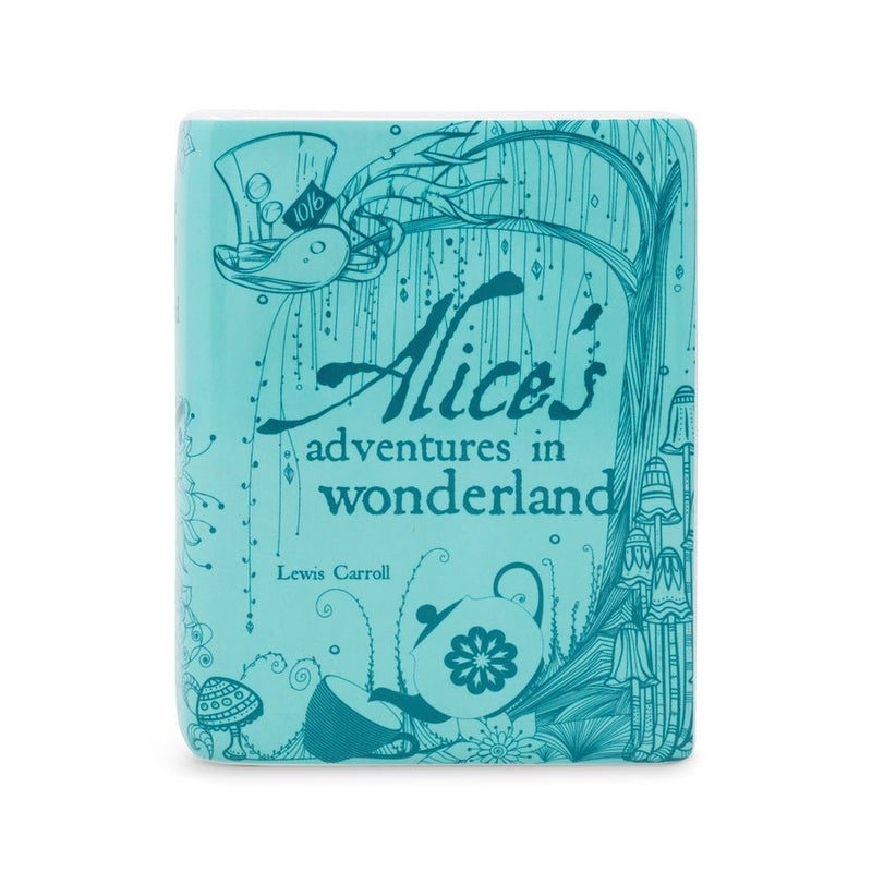 Front view of turquoise Alice in Wonderland ceramic book vase