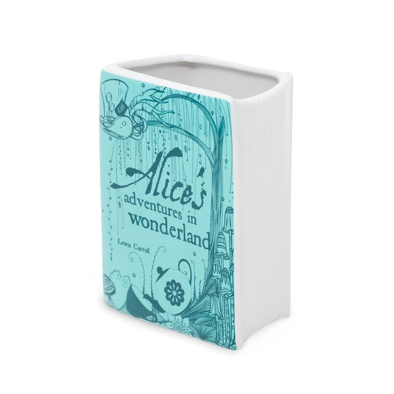 Angled shot showing slim top opening of blue Alice in Wonderland book vase