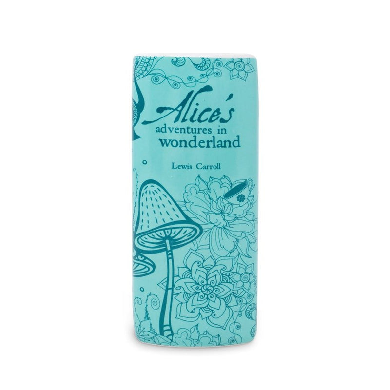 Spine view of turquoise book vase with mushrooms and floral detail