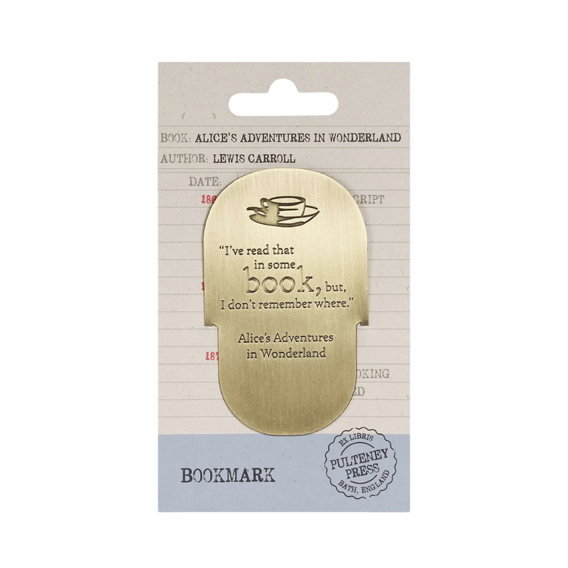 Alice in Wonderland metal bookmark displayed on Pulteney Press backing card