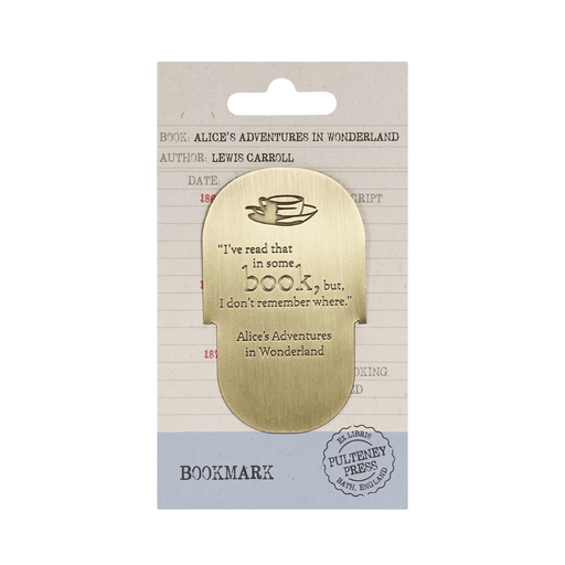 Alice in Wonderland metal bookmark displayed on Pulteney Press backing card