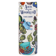 Close-up of ceramic Alice’s Adventures in Wonderland vase showing embossed page texture