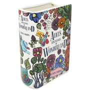 Alice’s Adventures in Wonderland ceramic book vase standing upright with floral illustration