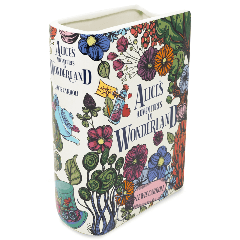 Alice’s Adventures in Wonderland ceramic book vase standing upright with floral illustration