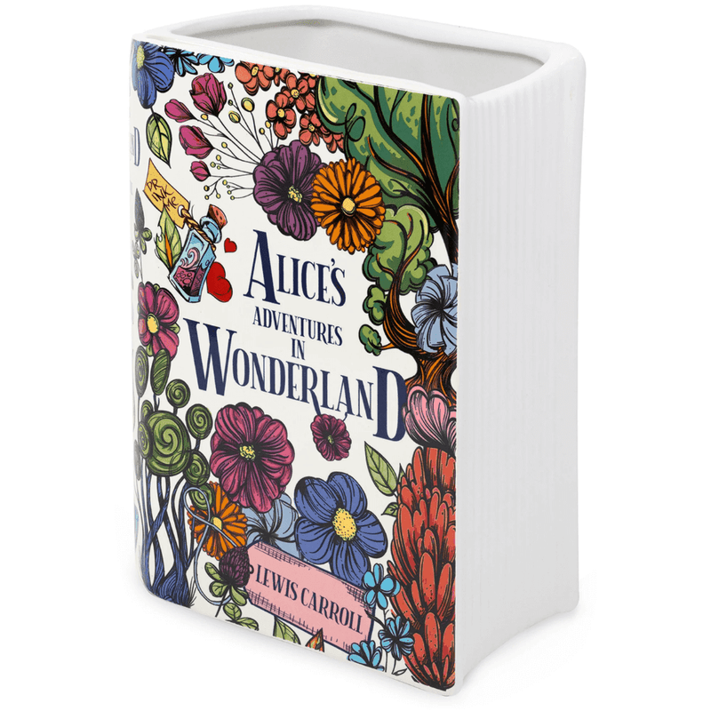 Side view of Alice’s Adventures in Wonderland book vase showing teacup and hat design