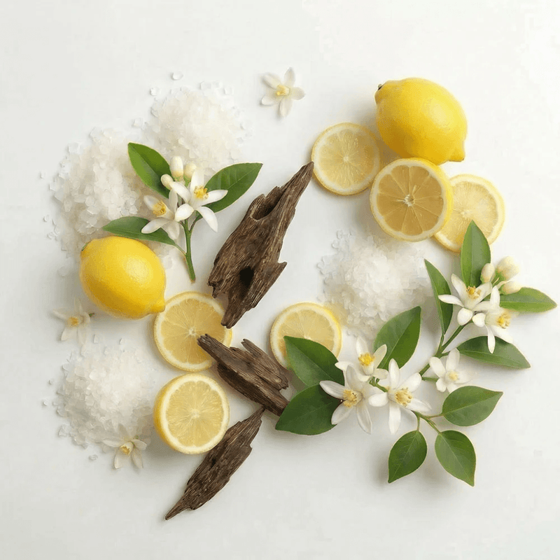 Lemons, sea salt, lemon blossom and woody notes representing the Amalfi Lemon & Sea Salt fragrance