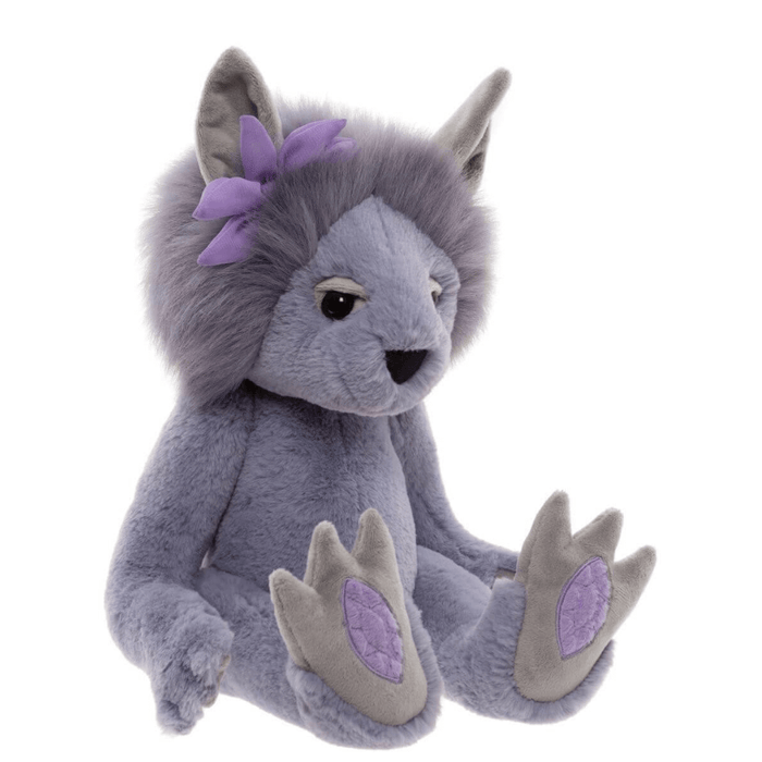 Amethyst Boo Bearhouse by Charlie Bears crystal troll plush toy, side angled view with fluffy lilac mane and purple crystal flower