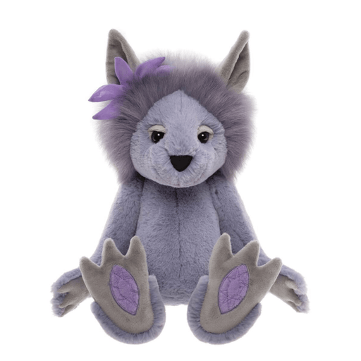 Amethyst Boo Bearhouse by Charlie Bears crystal troll plush toy, front view on white background with lilac fur and purple crystal foot pads