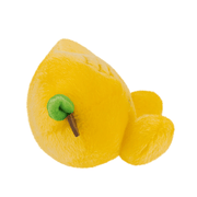 Side view of Palm Pals Amit Mango soft toy with green leaf detail